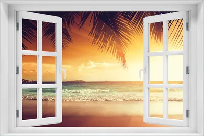 Produktbild von Wallario Poster mit Fenster-Illusion: Sonnenuntergang am Strand in der Karibik, Größe: 61 x 91,5 cm (Maxiposter)