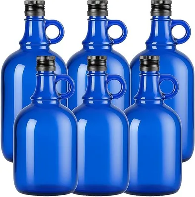 Produktbild von Blaue Glasflasche 1 L mit Ausgießer & Schraubverschluss – Vorrats-Flasche für Öl, Essig, Likör & Getränke (6x 1L)