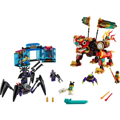 A collage of LEGO Monkie Kid sets, featuring a spider-like vehicle, a lion-like creature, and various minifigures and accessories.