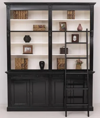 Produktbild von Casa Padrino Landhausstil Bücherschrank mit Leiter Schwarz / Weiß 200 x 40 x H. 240 cm - Massivholz Schrank - Wohnzimmerschrank - Regalschrank - Büroschrank - Landhausstil Möbel