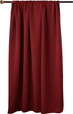 A single bordeaux curtain hanging from a rod.