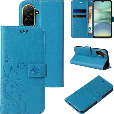 Collage of images showing a blue flip phone case from different angles, including one with a phone inserted and cards in the slots.