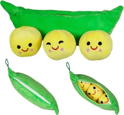 A collage of images showing a plush toy pea pod with three plush peas inside, and also showing the pea pod closed and open.