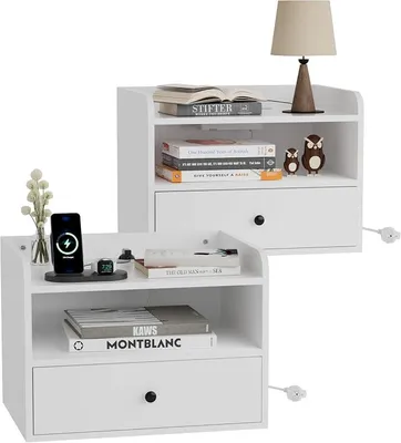 Imagen del producto de Conjunto de 2 mesitas de noche colgantes, con enchufes y puertos, diseño de montaje en pared con espacio abierto y cajones, ideales para salones o dormitorios, color blanco