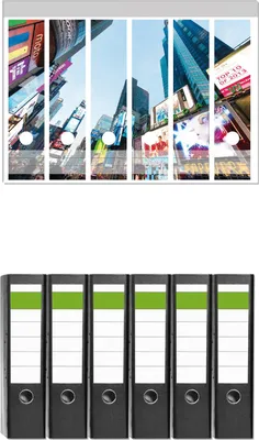 Produktbild von Wallario 6 Stück breite Ordner inkl. Klebeetiketten mit Motive Times Square in New York -  Set mit Rückenschildern / Ordnerrücken Stickern