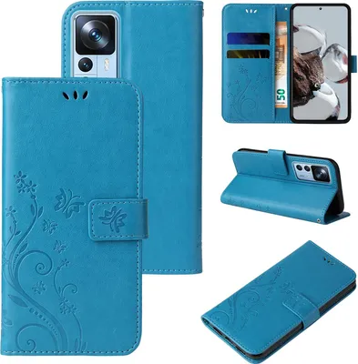 A collage of images showing a blue flip phone case with floral and butterfly embossing, displaying its front, interior, and stand function.