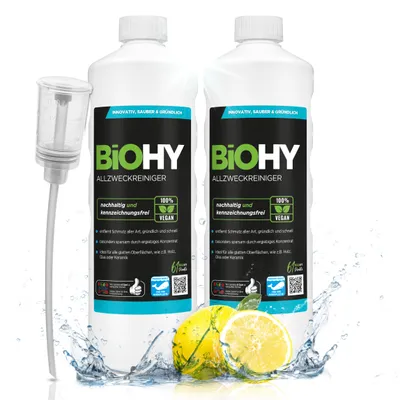 Produktbild von BiOHY Grundreiniger (2x1l Flasche) + Dosierer | entfernt hartnäckige Verkrustungen & alte Pflegefilme | reinigt schonend alle säure- und wasserfesten Oberflächen in Küchen und Lebensmittelbetrieben