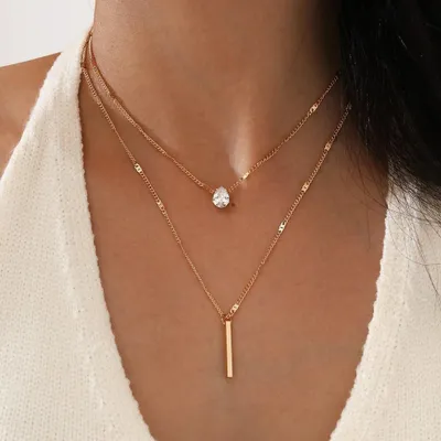 Productafbeelding van Dubbele halsketting voor dames, goudkleurig – Gelaagde ketting met staaf en kristal, J0731