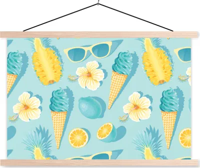 Produktbild von MuchoWow® Textilposter Sommer - Obst - Blumen - Blau 60x40 cm mit holzfarbenen Rahmen - Bilder