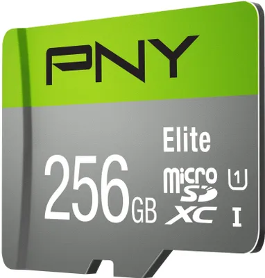 A close-up, angled view of a PNY Elite microSDXC memory card.