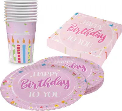 Produktbild von Happy Birthday Rosa 36-teiliges Party-Set mit Tellern Bechern Servietten Rosa Party