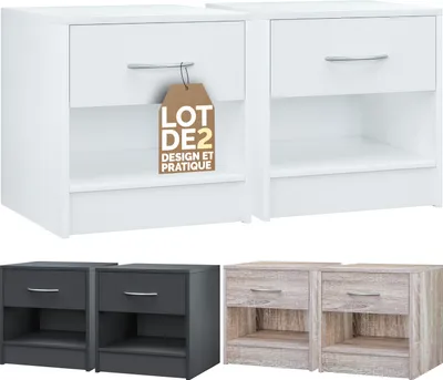 Zdjęcie produktu dla Zestaw 2 szafek nocnych CASARIA® w kolorze białym z szufladą i półką, drewno, 41 x 39 x 28 cm, szafki nocne do sypialni, nowoczesna komoda, łatwy montaż