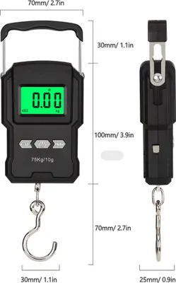 Obrázok produktu pre A27L/A27L-B (voliteľné) 75kg/10g Nabíjateľný LCD displej s funkciou merania dĺžky pásky Elektronická váha s háčikom Vysoká presnosť Prepínač piatich jednotiek s podsvietením