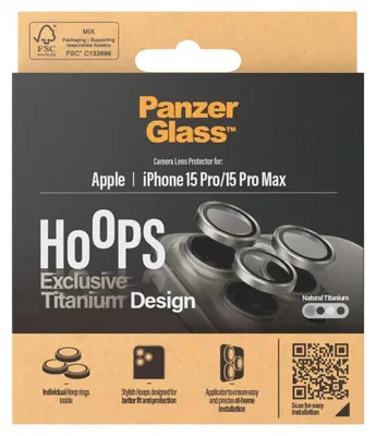 Obrázok produktu pre PanzerGlass ® Hoops® Titanium Camera Lens Protector Natural iPhone 15 Pro | 15 Pro Max, Apple, Apple - iPhone 15 Pro, Apple - iPhone 15 Pro Max, Suché aplikovanie, Odolné proti poškriabaniu, Odolný proti nárazom, Priehľadná, 1 kusov