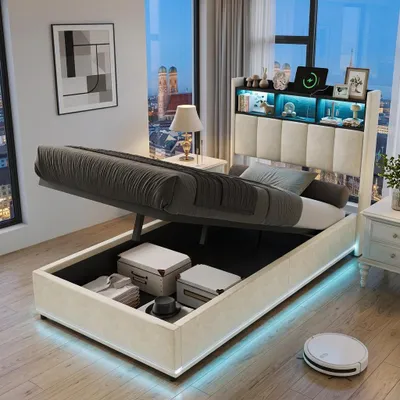 Immagine prodotto di Letto imbottito INONEFT 90x200 cm con USB, letto singolo per ragazzi con rete a doghe, letto contenitore con LED, letto box con sistema idraulico, letto per bambini, in velluto, color beige