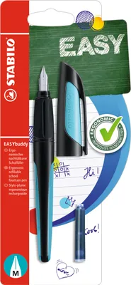 Produktbild von Schulfüller mit Standard-Feder M - STABILO EASYbuddy in schwarz/himmelblau - Schreibfarbe blau (löschbar) - Einzelstift - inklusive Patrone