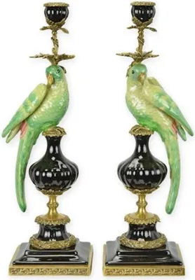 Produktbild von Casa Padrino Jugendstil Kerzenhalter Set Papageien Grün / Schwarz / Messing 16,1 x 12,8 x H. 48 cm - Porzellan Kerzenständer - Hotel & Restaurant Accessoires - Barock & Jugendstil Deko Accessoires