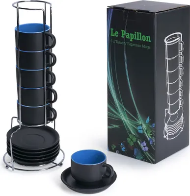 Produktbild von MIAMIO - 6 x 75 ml Espresso Tassen Außen Schwarz Innen Farbig (Blau)