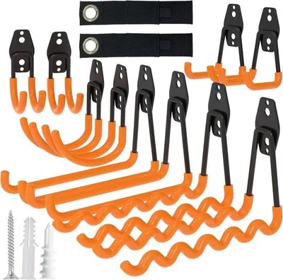 Image de Crochets muraux en acier pour vélos et échelles, orange, lot de 10