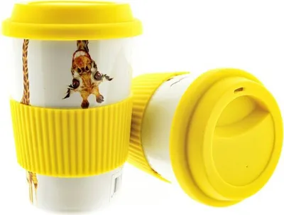 Produktbild von 10x Kaffeebecher To Go aus Porzellan, Coffee to go Becher mit Deckel 350 ml ZH1 Gelb