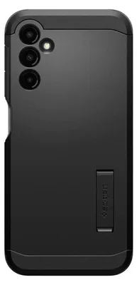 A black smartphone case with a kickstand is shown from the back.