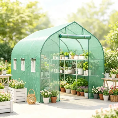 Imagen del producto de Túnel de jardín con estanterías, puerta y 6 ventanas, invernadero con estructura de acero galvanizado para plantas de jardín