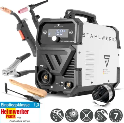 Produktbild von STAHLWERK Schweißgerät FLUX 160 ST Digital – Starter-Set – 3-in-1 Kombi mit 160 A, Fülldrahtschweißen ohne Schutzgas, MMA (E-Hand/ARC), Lift-TIG (DC)