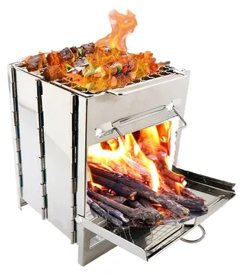 Obrázek produktu pro Kempingový ohřívač na dřevo – přenosný gril – skládací a lehký – nerezová ocel – pro vaření venku – ideální pro kempování
