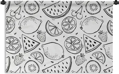 Produktbild von MuchoWow® Wandteppich Wandbehang Erdbeere - Kiwi - Muster - Schwarz - Weiß 120x80 cm Tapisserie Dekoration Wandtuch - Wanddekorationen - Wandtücher