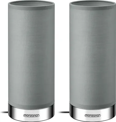 Two identical gray cylindrical table lamps with silver bases are shown side-by-side against a white background.