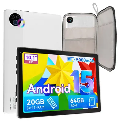 Image de Tablette de 10,1 pouces, 20 Go (3 Go + 17 Go) de RAM, 64 Go de stockage interne, Android 15, port USB-C, batterie de 5000 mAh, avec étui noir
