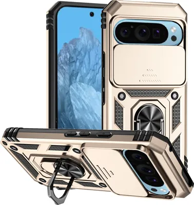 Image de Étui pour Google Pixel 9 étui double couche avec couvercle coulissant pour l'appareil photo et support annulaire Or