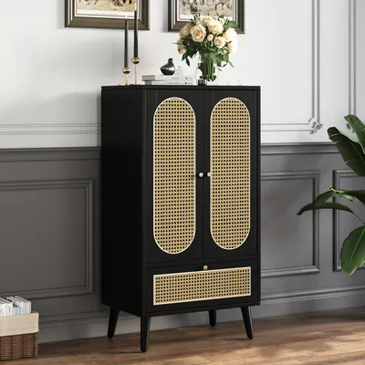 Produktbild von MODFU, Kommode Highboard, Holz Rattangeflecht, Schwarz, 60 x 40 x 110.5 cm, Modern, Höhenverstellbare Füße