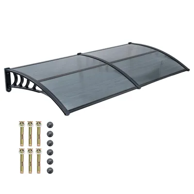Image de Abri de porte d'entrée COSTWAY, 197 x 89 cm, auvent de porte en aluminium et polycarbonate, auvent incurvé transparent, auvent plat, auvent pour porte d'entrée, couleur gris foncé