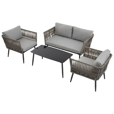 Produktbild von Gartenlounge-Set,Gartenmöbel-Set mit bequemen Kissen,2-Sitzer-Sofa,2 Sessel und Couchtisch,Geflochtenes PE-Seil aus Wassergrasimitat,verzinkter Stahl