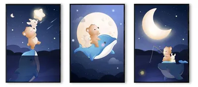Produktbild von Postertech Kinderzimmer Poster-Set 3-teilig DIN A4, Bär Hase Delfin Mond & Sterne, Babyzimmer Wandbilder ohne Rahmen