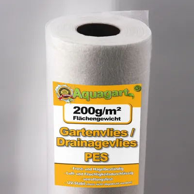A roll of white geotextile fabric with a yellow label.