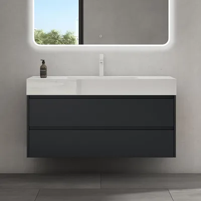 A modern bathroom vanity with a sink and faucet, mounted on a gray wall.