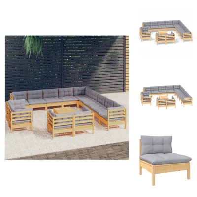 Produktbild von vidaXL 14-tlg. Garten-Lounge-Set mit Grauen Kissen Massivholz Kiefer - Gartenmöbel-Sets