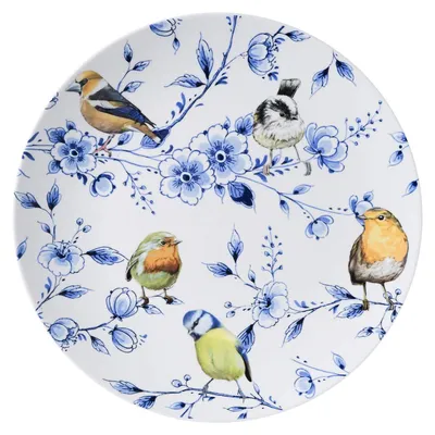 Image de Heinen Delfts Blauw – Assiette murale représentant des oiseaux des bois et des fleurs