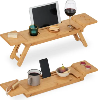 Obrázek produktu pro Relaxdays – bambusová polička do vany, šířka 70 cm, podnos do vany na sklenici, mobil, tablet, závěsná polička do vany, přírodní