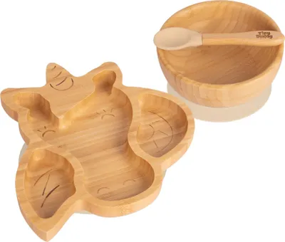 Produktbild von 3pc Beige Kinder Bambus Einhorn Teller, Schüssel & Löffel-Set mit Silikon-Saugnapf - Segmentiertes Design Baby & Kleinkind Entwöhnung Geschirr - Umweltfreundlich & Biologisch Abbaubar - Von Tiny Dining