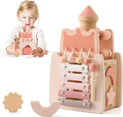 Immagine prodotto di Giocattoli Montessori in legno, set per bambini, castello rosa 5-in-1, giocattolo educativo, sviluppo delle capacità motorie, cubo sensoriale, attività per lo sviluppo della motricità