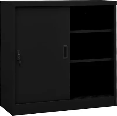 Zdjęcie produktu dla Szafka biurowa z drzwiami przesuwnymi, czarna, 90x40x90 cm, stalowa, do biura, szafka na dokumenty, szafka na akta, szafka do biura, szafka do domu