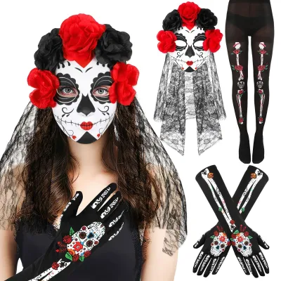 Immagine prodotto di Costume di Halloween - Giorno dei Morti: fascia per capelli con maschera, calze a rete a forma di scheletro, guanti a forma di scheletro. Costume da donna, comodo e riutilizzabile