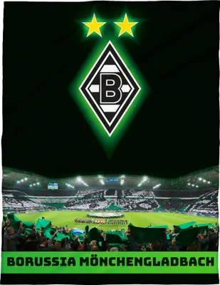 A stadium filled with fans waving green flags, with the Borussia Mönchengladbach logo and stars above.