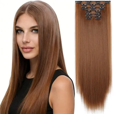Produktbild von Clip-in-Haarteile – 6 Stück – Haarverlängerungen zum Einklipsen – Haarverlängerungen – Glatte Haarverlängerungen – Kunsthaar – 60 cm – Braun