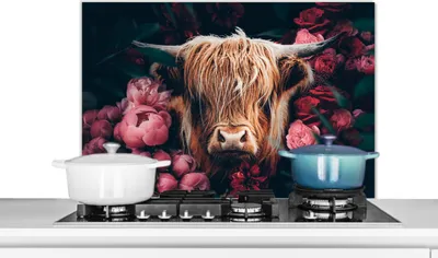 Produktbild von KitchenYeah®  Spritzschutz Küche - Küchenrückwand - Wandschutz für Herd und Spüle - Kuh - Schottisches Hochlandrind - Blumen - Botanisch 80x55 - Alu-Dibond (Alternative zum Spritzschutz aus Glas) - Hi