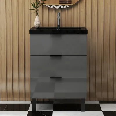 Produktbild von Badmöbel Set Hochglanz Dunkelgrau 60cm Schwarz Mineralguss Waschbecken mit Unterschrank Badezimmermöbel mit 3 Schubladen und 2 Füßen Hängeschrank