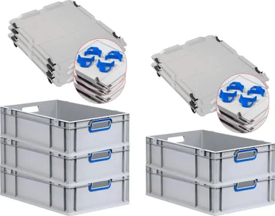 Produktbild von SuperSparSet 5x Eurobox NextGen Color mit Auflagedeckel und Schiebeschnappverschlüsse | HxBxT 17x40x60cm | 34 Liter | Grau | Griffe blau offen | Glatter Boden | Eurobehälter, Transportbox, Transportbehälter, Stapelbehälter